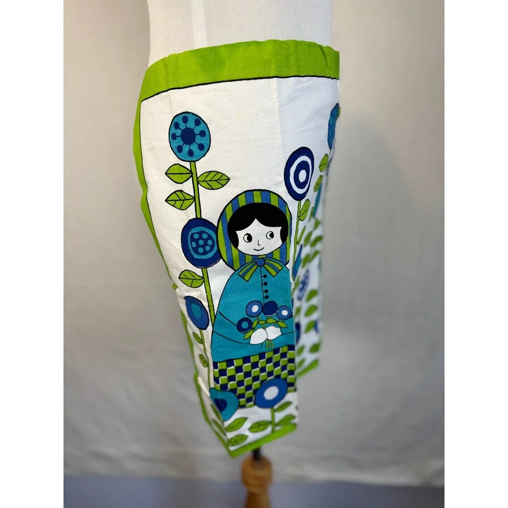 Vintage‎ MCM Folk Art Apron Blue White Green Graphic Print Reto Scandinavian